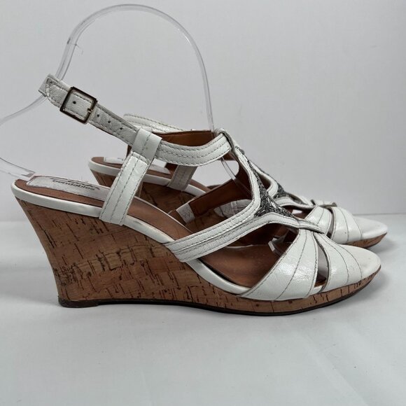Clarks Bendables White Leather Sandals Wedge Cork Heel Open Toe Womens 9 - Picture 4 of 12